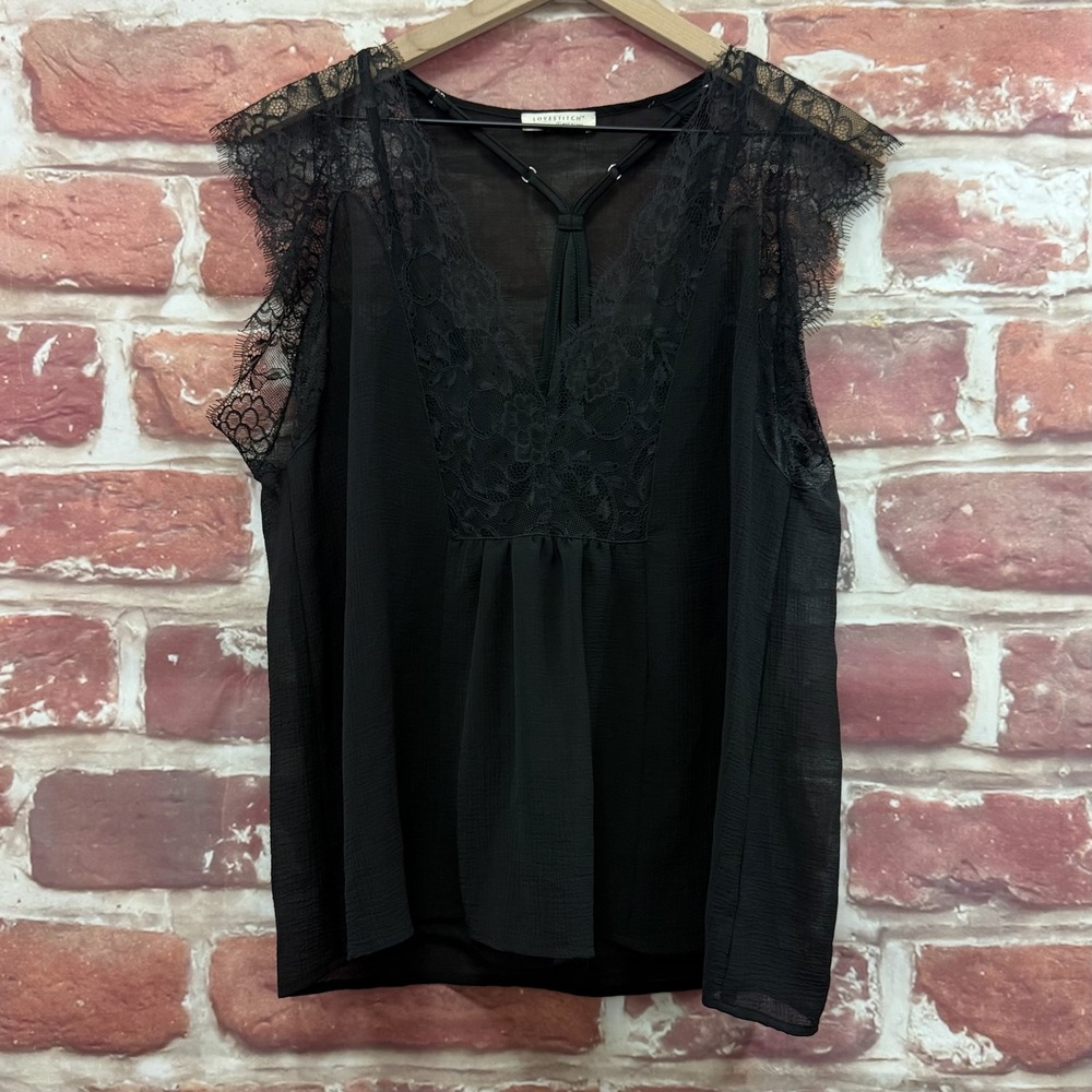 Anthropologie Lovestitch Top Womens S Black Floral Lace Trim Witchy Gothic Shirt